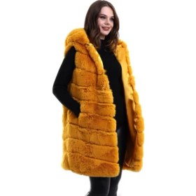 Resim Deridün Yıldız Shoes Kapşonlu Peluş Kürk Yelek Premium Kalite, Tam Astarlı, Uzun Model - Sarı 