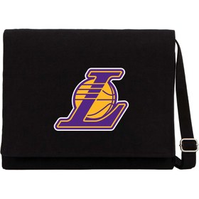 Resim Los Angeles Lakers Logo Siyah Kanvas Postacı Çantası - Siyah 
