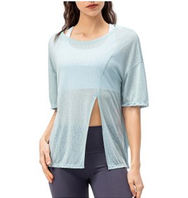 Resim Qingmipy Kadın Spor T-shirt - Yarı Kollü, Önden Yırtık Desenli, Casual Stili, Regular Uzunluk, Tek Renk Siyah/beyaz/açık Mavi/koyu Kırmızı Seçenekli Açık Mavi 