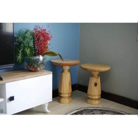 Resim 2'li Oval Çizgili Vernikli Yan Sehpa Kahverengi 