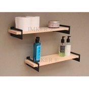 Resim IMKER HOME Metal Ayaklı Masif Ahşap Banyo Duvar Rafı Seti Düzenleyici Organizer Terek 2li 50cm 