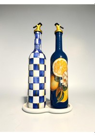 Resim 750 Ml Yeni Mavi Limon Ve Dama Desenli 2 Li Cam Yağdanlık Seti Gold Başlıklı Taş Sunum Standlı Dekoratif Tarz Lacivert 