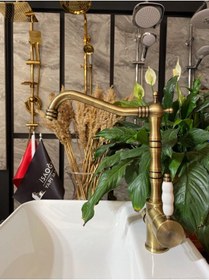 Resim İsaoğlu Yapı Antik Gold Rustik Arıtmalı Batarya 3 Yollu Arıtmalı Mutfak Musluğu Altın Evye Bataryası Eskitme Gold 