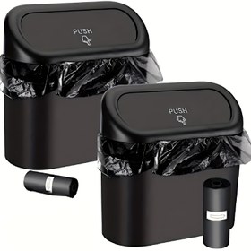 Resim 2 Adet Mini Araba Çöp Kutusu Kapaklı – Siyah ABS Plastik Çöp Kutuları, 100 Çöp Torbası & 2 Kanca Dahil, Araba, Ofis ve Ev için Kompakt Düzenleyici, Araçlar için Araba Çöp Kutusu 