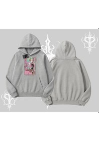 Resim Kapşonlu Sweatshirt Anime Kawaii Japon Kız Desenli Gri 