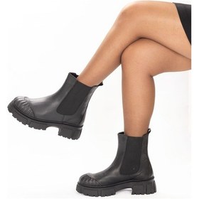 Resim Hakiki Deri 6.5 Cm Kalın Tabanlı Uzun Kadın Chelsea Bot Siyah 