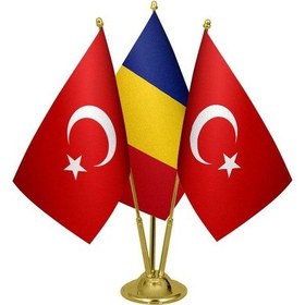 Resim Masa Üstü Romanya Bayrağı Türk Bayrağı Üçlü Pirinç Direk Masa Bay 