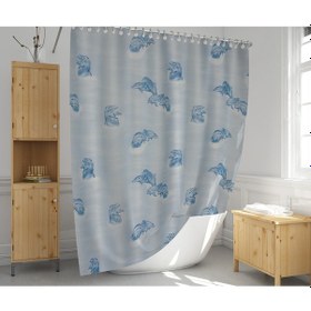 Resim Banyo Perdesi Mavi Yunus Desen Yerli Üretim Duş Perdesi C-halka 180x200cm Banyo Perdesi Yunuslu 