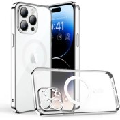 Resim M.TK Moveteck Iphone Apple 14 Pro Max Uyumlu 6.7inç Kılıf Magsafe Halkalı Gbox Kamera Lens Korumalı Parlak Şeffaf Silikon Derin Mor Magnetik Wireless Şarj Özellikli Parlak Mor Kenarlı 