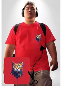 Resim Angemiel Şimşek Yağmur Kedi Kırmızı Büyük Beden Kadın Basic Minimal Baskılı Tişört Kırmızı 