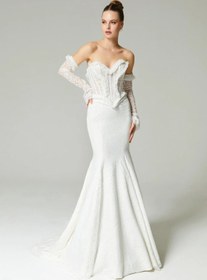 Resim Swann Fransız Dantel Korsajlı İki Parça Balık Gelinlik - Kırık Beyaz / 44 