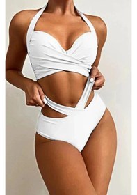 Resim Özel Tasarım Detseksiz Kaplı Çapraz Beyaz Bikini Takım (551646721) 