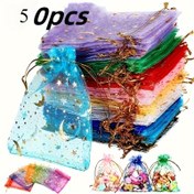 Resim 100 adet Yıldız & Ay Baskılı File Hediye Çantaları İpli - Halloween Şekerleri, Parti İkramları & Küçük İşletme Ambalajı için Mükemmel 