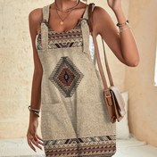 Resim Kadınlar için Şık Geometrik Baskılı Kolsuz Tulum Cepli - Elmas Desenli Tatil Tulumu, Polyester Karışımı, Bej ve Kahverengi Tasarım, Günlük Dışarı Çıkmalar İçin Mükemmel 