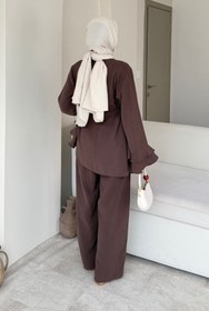 Resim Tesettür Diyarı Simar Tansel Kumaş Kat Katlı Tesettür Takım- Kahverengi 