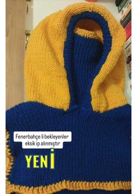 Resim Kemzey Handmade El Yapımı Balaklava, Örgü Şapkalı Boyunluk , Yünlü Şapka Sarı - Lacivert 