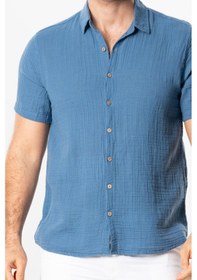 Resim Kısa Kol Erkek Yazlık Müslin Gömlek İndigo İndg İndigo 