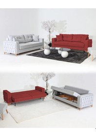 Resim Nola Koltuk Takımı 3+3 & Bazalı Yataklı Koltuk & Kanepe - Keten Gri-bordo 