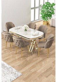 Resim Canisa Zae Serisi 90x168 Lak Panel Beyaz Mermer Desen Gold Ayak Masa Takımı 6 Cappucino Sandalye Beyaz Mermer Desen Masa Sandalyeler Antrasit 