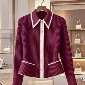 Resim Beyaz Yaka ve Düğme Önü ile Şık Kırmızı Kabarık Hırka - Uzun Kollu, Sonbahar / Kış Kadın Moda Ceket, Rahat veya Resmi Kıyafetler için Şık Katmanlı Parça, Resmi Hırka | Kabartılı Dokulu | Yapı, Bayanlar Hırkaları 