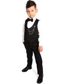 Resim Merdia Kids Erkek Çocuk Smokin Takım Elbise Gömlek, Pantolon, 6 Düğmeli Yelekli, Papyonlu, Zincirli Siyah 