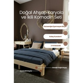 Resim Renazzo Mobilya Damla 2'li Başlıklı Doğal Masif Ahşap Karyola ve Iki Adet Komodin Seti - Kademeli Başlık Tasarımlı 