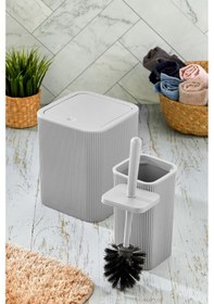 Resim Line 2 Parça Kare Banyo Seti - Çöp Kovası Wc Fırçası Set Gri 