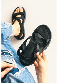 Resim Günlük Unisex Tokalı Sandalet Yastıklı Hafif Tabanlı Çapraz Şerit Outdoor Esnek Ayakkabı 125ç Siyah 