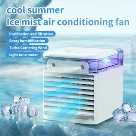 Resim Kompakt Ev Soğutma Fanı, Sis Nemlendirici Hava Soğutma Fanı, Yedi Renkli Işıklı Masaüstü Soğutma Fanı, Yurt Odaları İçin Usb Güçlü Taşınabilir Fan. 