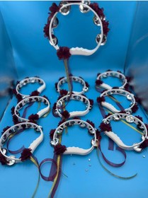 Resim Ekin Bordo Süslü Gelin Nedime Kına Gecesi Tefi, Üç Boyut Lazer Çiçek ve Kurdele Detaylı Tef 5 Adet 