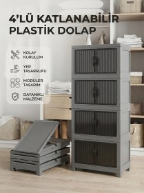 Resim Ceritoğlu 4 Lü Katlanabilir Çok Amaçlı Plastik Dolap-kapaklı-dekoratif Ve Şık Görünüm Koyu Gri 