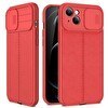 Resim Smcase iPhone 14 Plus Kılıf Lensi Kamera Korumalı Deri Dokulu Silikon Kırmızı 