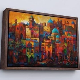 Resim Ahşap Çerçeveli Üstünde Mavi Kubbeli Şehrin Tablo 55 x 75 cm Altın, TTÇ.KNV7263FRM 