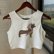 Resim 1 Adet Kadın Rahat Dachshund Baskılı Kırpma Tank Üstü, Leopar Başörtüsü ve Gözlük Detaylı Kolsuz Yuvarlak Yaka Polyester Üst, İnce Kesim Tüm Sezon Modası Yelek 