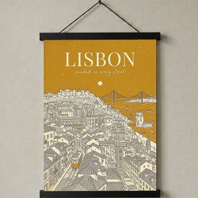 Resim Lisbon Line Art Print - Mustard Yellow Tram Belém Tower Skyline Wall Art - With Hanger - Black / 12 x 16" (30x40 cm) 