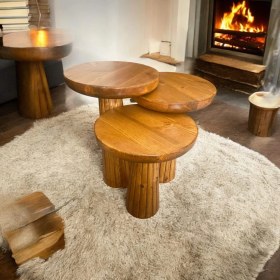 Resim Wood Wooden Ahşap 3lü Set Fitilli Mantar Yan Sehpa Modern Tik Ağacı Renk Fiskos 