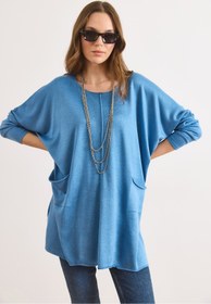 Resim Olalook Kadın Mavi Çift Cepli Oversize Yırtmaçlı Uzun Triko Tunik TNK-19000106 