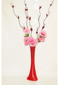 Resim 60 Cm Kırmızı Desenli Vazo 5 Adet Mor Üzum ve Çiçekler 