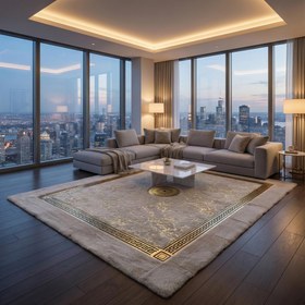 Resim Beyaz Zeminli Altın Desenli Merkezli Peluş Runner Halı - 80x250 cm 