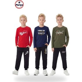 Resim Panios Kids 3'lü Yuvarlak Yaka Sweatshirt Siyah Eşofmanlı Baskı Detaylı 6 Parça Erkek Çocuk Alt Üst Takım Kırmızı - Lacivert 