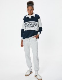 Resim Oversize Polo Yaka Kolej Baskılı Düğmeli Sweatshirt 