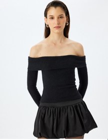 Resim Koton Koton X Sibil Çetinkaya - Slim Fit Uzun Kollu Omzu Açık Peluş Kazak Siyah 5wak50070ek Siyah 