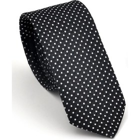 Resim Gaffy Beyaz Noktalı Puantiye Desenli Siyah Dokuma Kumaş Mendilli Slim Fit Kravat // Sdk230913 Siyah 