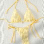 Resim Kadın İki Parça Bikini Seti, V Kesimli Alt Üst, Askılı Halter Yaka, Düz Renkli Örgü Kumaş, Orta Esneklik Polyester %95 Elastan %5 Mayo 