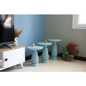 Resim ^3'lü Mantar Sehpa Seti Oval Turkuaz Renk Çizgili Yan Sehpa Turkuaz 