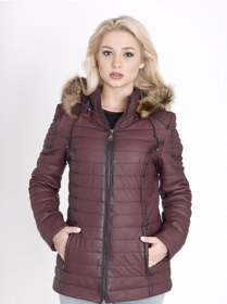 Resim Kadın Gerçek Deri Şişme Kaban Bordo 