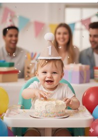 Resim 1 Yaş Yazılı Mini Jüt Bebek Şapkası Ponponlu Doğal Renk Parti Konsept Taç İlk Doğum Günü Ve Fotoğraf Çekimi Aksesuarı +3 