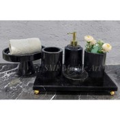 Resim Sümeyra Marble Art Sapphire Black - Doğal Siyah Mermer Banyo Seti | 6li | Boncuk Ayaklı | Ayaklı Havlu Kasesi | Gold | 