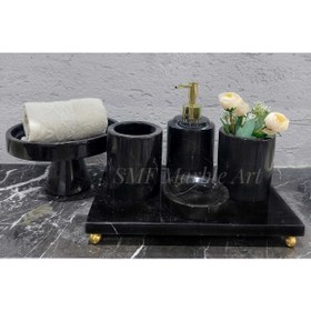 Resim Sümeyra Marble Art Sapphire Black - Doğal Siyah Mermer Banyo Seti | 6li | Boncuk Ayaklı | Ayaklı Havlu Kasesi | Gold | 
