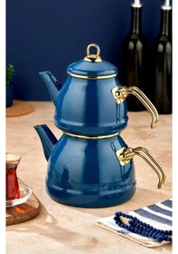 Resim Emaye Özel Tasarım Yapışmaz Yüzey Büyük Boy Demlik Seti Emaye Çaydanlık Üst 1.4 L Alt 2.6 L Lacivert 